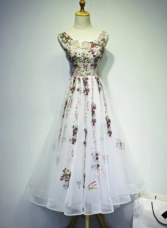 Beautiful White Tulle Floral Tea Length Party Dress, Cute Party Dress, Floral Prom Dress Tunics Plaid country Beautiful White Tulle Floral Tea Length Party Dress, Cute Party Dress, Floral Prom Dress Tunics Plaid country