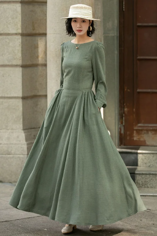 Army Green Swing  Maxi Linen Dress 5678 Tunics stripes playful
