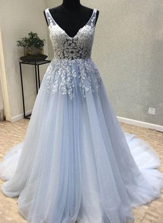 Beautiful Blue Tulle Long Party Dress, Blue Formal Gown Tunics Satin smooth