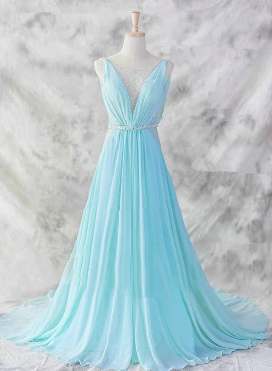Light Blue Chiffon Long Evening Dress, Blue Beaded Waist Wedding Party Dress Shift Classic Vintage Light Blue Chiffon Long Evening Dress, Blue Beaded Waist Wedding Party Dress Shift Classic Vintage