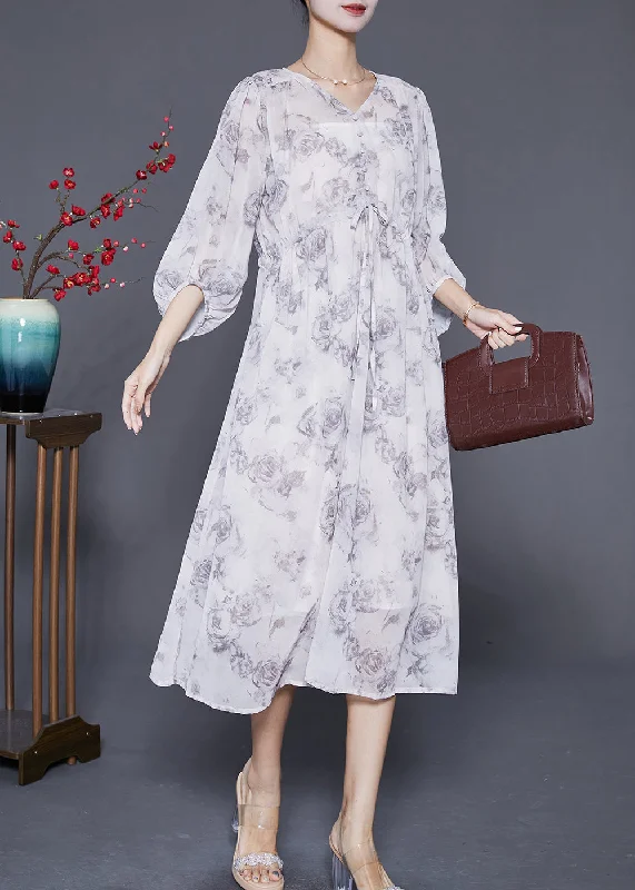 Women White Cinched Rose Print Chiffon Party Dress Summer Tunics Custom made