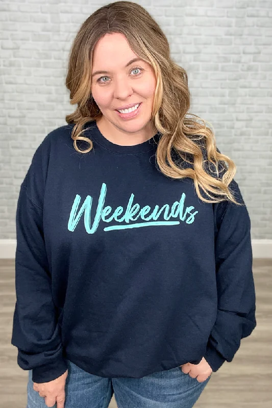 Navy and Aqua "Weekends" Sweatshirt Hoodie with Raw Hem Edgy Unfinished
