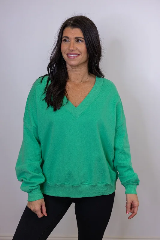 Trending Green V Neck Sweatshirt Hoodie with Hem Detail Decorative Unique
