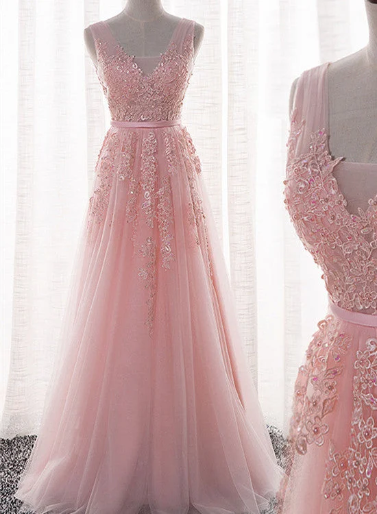 Pink Tulle and Appliques Long Prom Dresses, Pink Tulle Party Dresses, Bridesmaid Dresses Tunics Evening elegant Pink Tulle and Appliques Long Prom Dresses, Pink Tulle Party Dresses, Bridesmaid Dresses Tunics Evening elegant