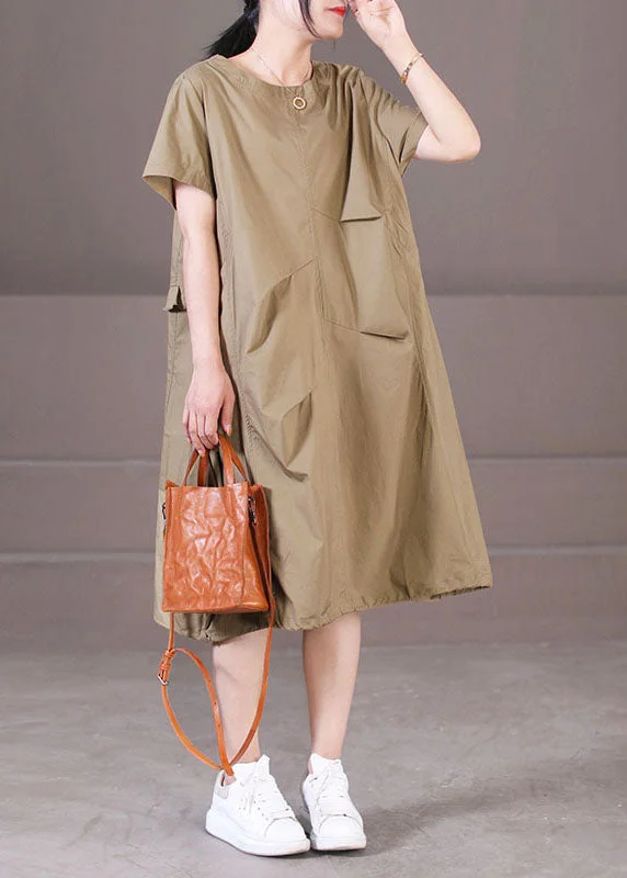 Style Khaki Asymmetrical Design Wrinkled Cotton Party Dress Short Sleeve Turtleneck Neckline Stylish Style Khaki Asymmetrical Design Wrinkled Cotton Party Dress Short Sleeve Turtleneck Neckline Stylish