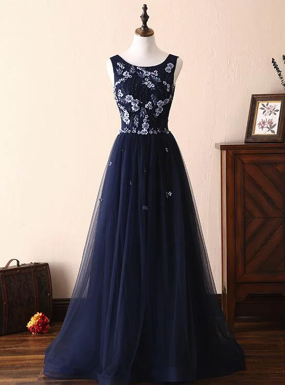 Navy Blue Flower with Applique Round Neckline Wedding Party Dress, Floor Length Party Dress Tunics Yoga stretchy Navy Blue Flower with Applique Round Neckline Wedding Party Dress, Floor Length Party Dress Tunics Yoga stretchy