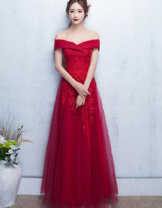 Beautiful Red Off the Shoulder Long Party Dress with Lace, A-line Prom Dress Tunics Trendy modern Beautiful Red Off the Shoulder Long Party Dress with Lace, A-line Prom Dress Tunics Trendy modern