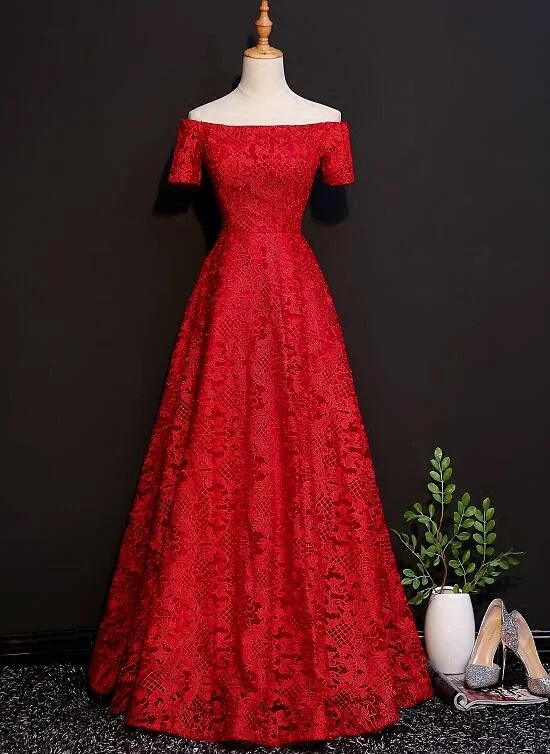 Beautiful Red Lace Off Shoulder Floor Length Party Dress, Red Formal Dress Tunics Fleece cozy Beautiful Red Lace Off Shoulder Floor Length Party Dress, Red Formal Dress Tunics Fleece cozy