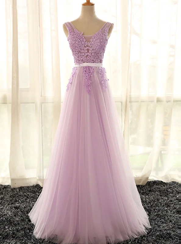 Lovely Tulle Lilac V-neckline Party Dress, Long Evening Gown Chiffon Maxi Beach