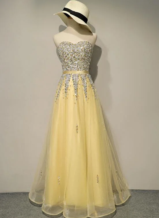 Light Yellow Sweetheart Sequins Tulle Long Prom Dress, New Party Dress Off-the-shoulder Chic Trendy Light Yellow Sweetheart Sequins Tulle Long Prom Dress, New Party Dress Off-the-shoulder Chic Trendy