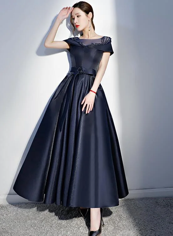 Navy Blue Satin Beaded New Style Long Party Dress, Blue Cap Sleeves Prom Dress Tunics Top Casual Navy Blue Satin Beaded New Style Long Party Dress, Blue Cap Sleeves Prom Dress Tunics Top Casual