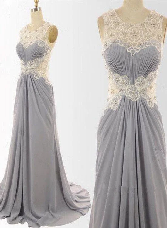 Grey Lace And Chiffon Long Wedding Party Dress, Grey Floor Length Prom Dresses Tunics Leisure comfortable Grey Lace And Chiffon Long Wedding Party Dress, Grey Floor Length Prom Dresses Tunics Leisure comfortable