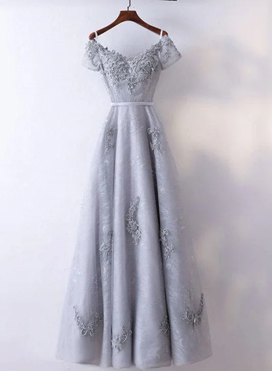 Elegant Lace Off the shoulder Tulle Sliver-Grey Party Dress, Long Formal Gown Tunics Luxurious high-end Elegant Lace Off the shoulder Tulle Sliver-Grey Party Dress, Long Formal Gown Tunics Luxurious high-end