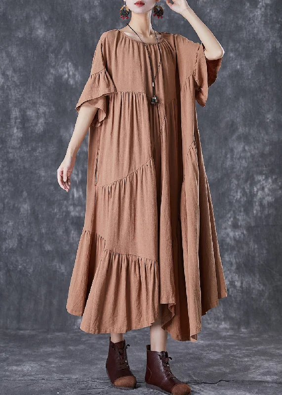 Stylish Khaki Asymmetrical Wrinkled Cotton Party Dress Flare Sleeve Tunics Seasonal trendy Stylish Khaki Asymmetrical Wrinkled Cotton Party Dress Flare Sleeve Tunics Seasonal trendy