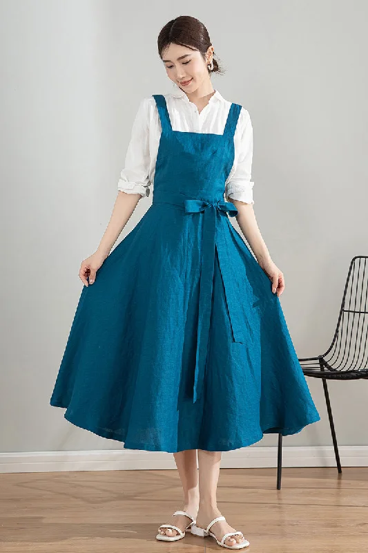 Blue Midi Linen Apron Dress 4202 -Size S #CK2300397 Tunics Brand named