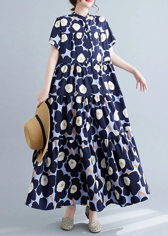 Bohemian Navy Floral Patchwork Exra Large Hem Cotton Party Dress Summer Tunics Modern contemporary Bohemian Navy Floral Patchwork Exra Large Hem Cotton Party Dress Summer Tunics Modern contemporary