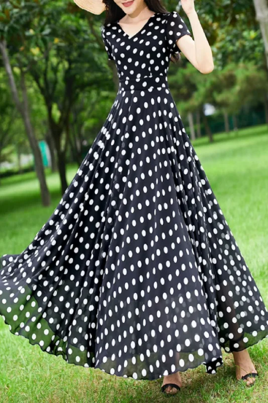 Black and white maxi polka dot chiffon dress 5156 Tunics Seasonal trendy