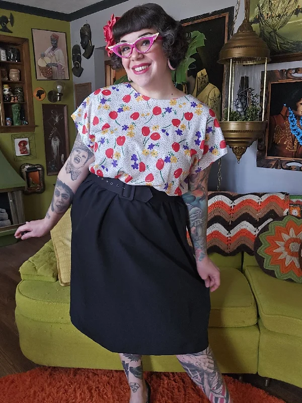 Vintage 1980s Red Tulip Dress with Black Skirt Tunics Practical easy-care