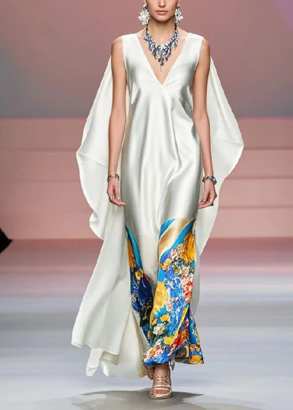 French White Print Patchwork Shawl Silk Party Dress Sleeveless Tunics Bridal satin