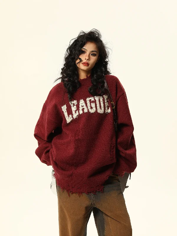 Distressed League Varsity Sweatshirt Hoodie with Hem Detail Decorative Unique