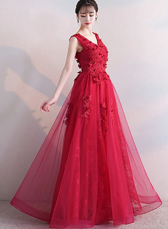 Beautiful Red V-neckline Tulle Long Party Dress with Lace, Red Prom Dress Tunics Occasion special Beautiful Red V-neckline Tulle Long Party Dress with Lace, Red Prom Dress Tunics Occasion special