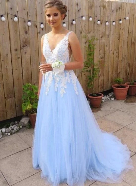 Light Blue Tulle with White Lace Applique Floor Length Party Dress, Elegant Senior Prom Dress Tunics Chinos classic Light Blue Tulle with White Lace Applique Floor Length Party Dress, Elegant Senior Prom Dress Tunics Chinos classic