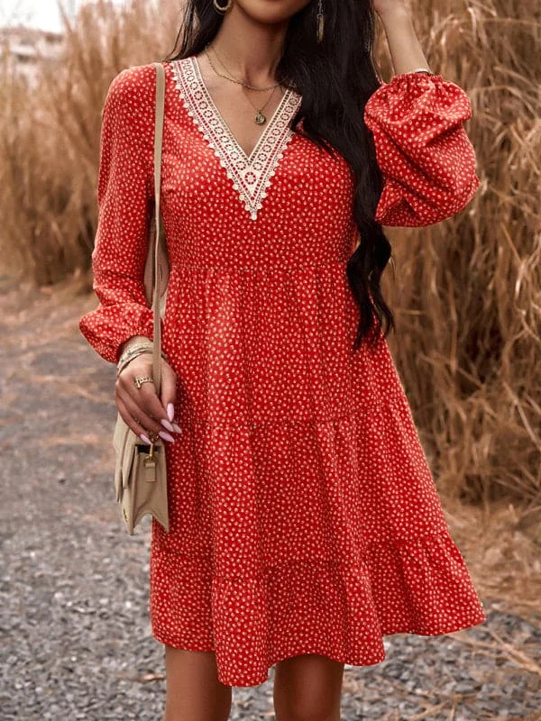 Floral Print Casual V-Neck Long-Sleeved Dress Tunics Fall fleece