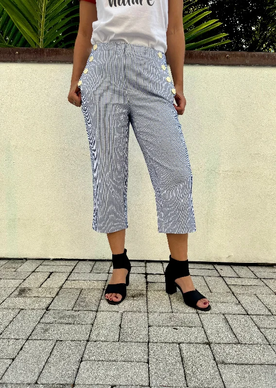 Ladies Striped three quarter length Pants with White Bottoms on Side Pockets in Navy Blue and White in Size Small Comfy Cargo Trousers