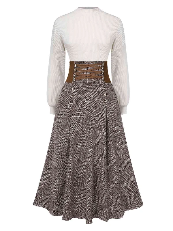 2PCS 1940s White Sweater & Brown Plaid Skirt Modern Contemporary Chic