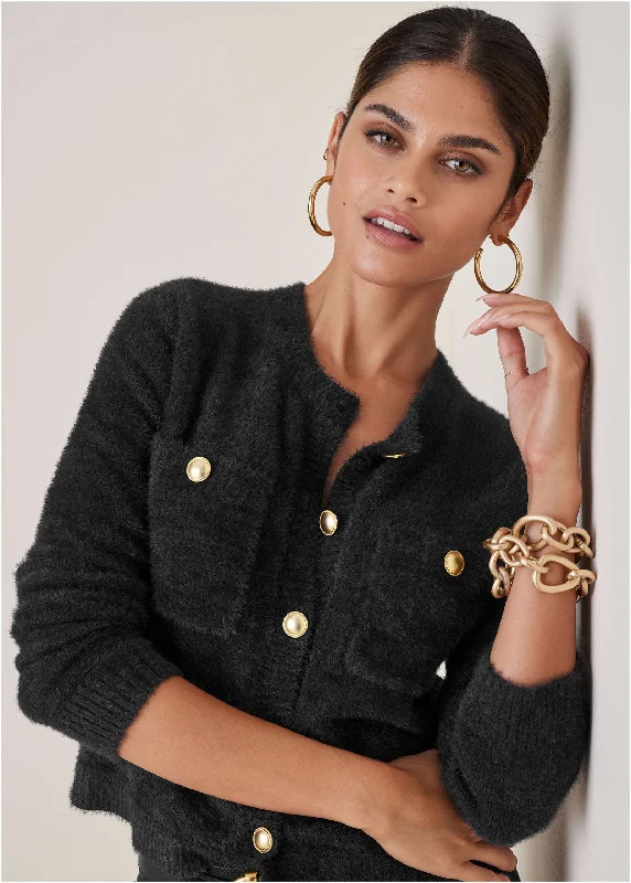 Eyelash Sweater Jacket - Black Zippered Buttoned Snapped