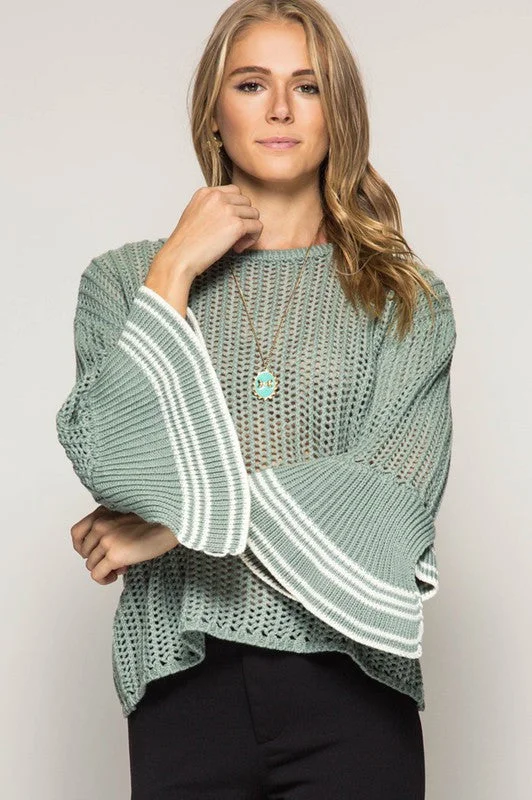 Bell Sleeve Sweater W/ Stripe Detail Boxy Sweater Fitted Sweater A-Line