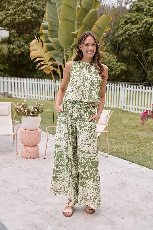 Deja Boho Paisley Patchwork Green/White Print Pants - Part of a set Soft Stretch Trousers
