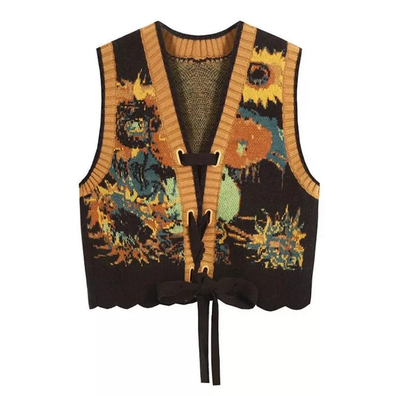 Van Gogh Sunflowers Folk Style Artist Sweater Vests Knitted Reversible Clothes Fitted Slim Tailored