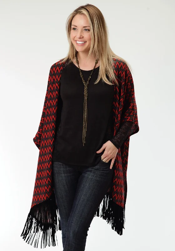 Roper Black Chevron Ladies Red Polyester Poncho Sweater Lightweight Heavyweight Midweight Roper Black Chevron Ladies Red Polyester Poncho Sweater Lightweight Heavyweight Midweight