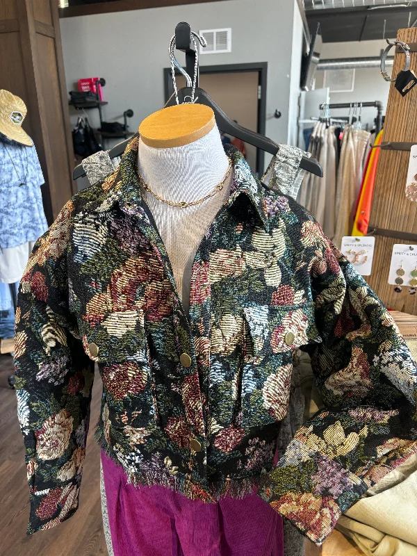 Aureum Black cropped floral brocade jacket Bomber Jacket Anorak Windbreaker