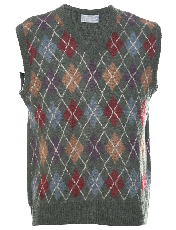 Sweater Argyle Vest - L Cable Knit Ribbed Knit Lace Knit