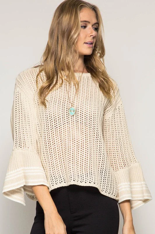 Bell Sleeve Sweater W/ Stripe Detail Graphic Sweater Embroidered Appliqued