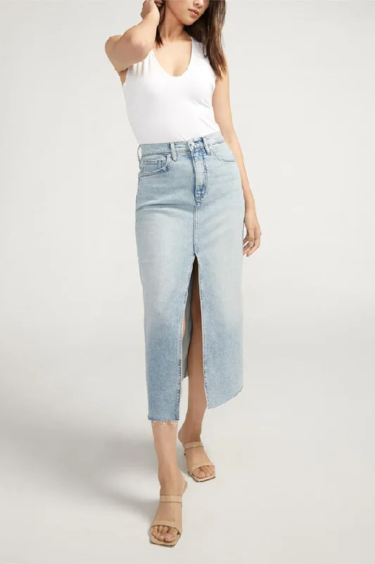 Silver High Rise Midi Skirt leather skirt sleek