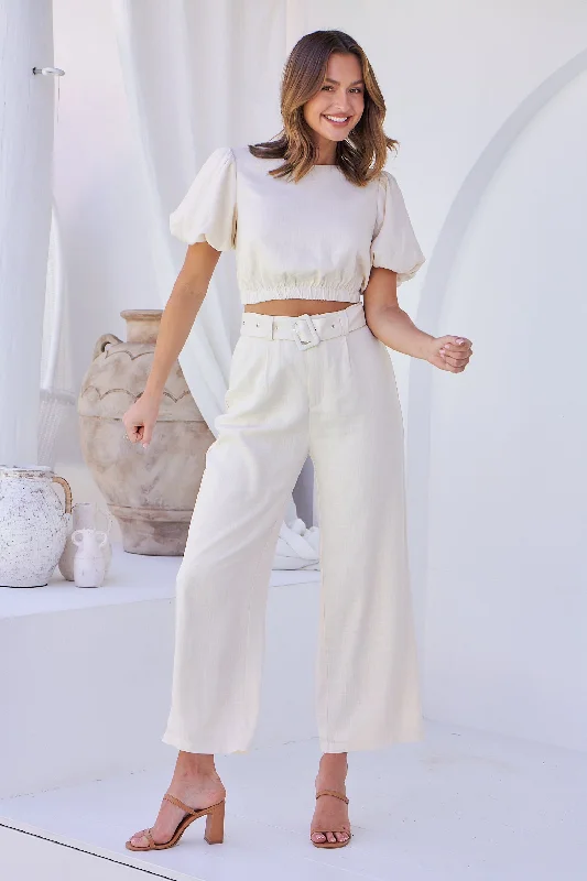 Alina Cream Top and Belted Pant Set Fashionable Tapered Leg Pants
