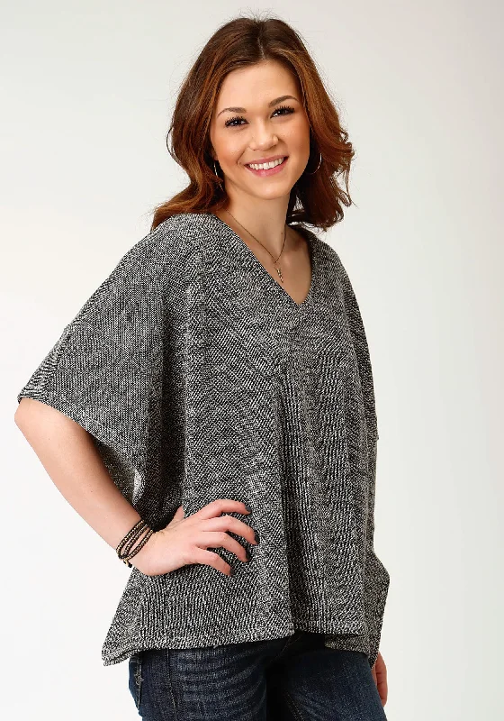 Roper Womens Black/White Cotton Blend V-Neck Poncho Sweater Fleece Sweater Nylon Polyester
