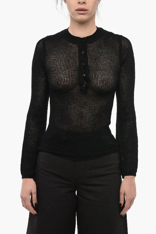 Chloe Cashmere Blend Perforated Sweater With Buttons Fitted Loose Oversized
