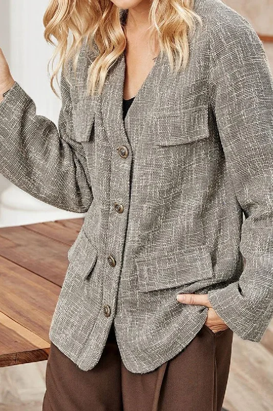 WOMEN BUTTON UP BOYFRIEND JACKET WITH POCKETS Tiered Jacket Buttoned Jacket Zippered Jacket WOMEN BUTTON UP BOYFRIEND JACKET WITH POCKETS Tiered Jacket Buttoned Jacket Zippered Jacket