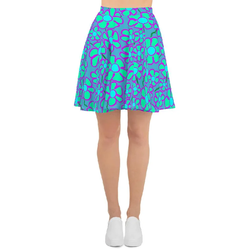 Greenflower Pattern on Blue - AOP Skater Skirt corduroy skirt durable