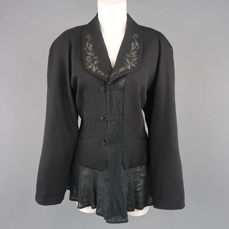 MATSUDA Size M Black Embroidered Lapel Moire Burnout Peplum Jacket Knit Fabric Woven Fabric Fleece Fabric MATSUDA Size M Black Embroidered Lapel Moire Burnout Peplum Jacket Knit Fabric Woven Fabric Fleece Fabric