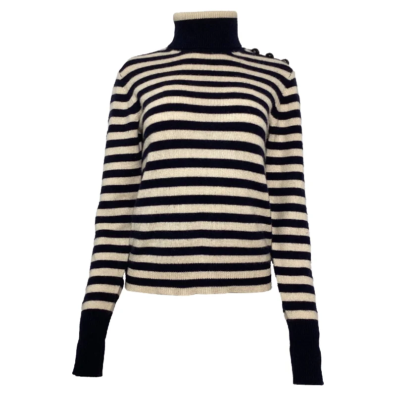Chloe Striped Turtleneck Sweater in Navy and Cream Wool Spandex Blend Rayon Blend Denim Blend Chloe Striped Turtleneck Sweater in Navy and Cream Wool Spandex Blend Rayon Blend Denim Blend
