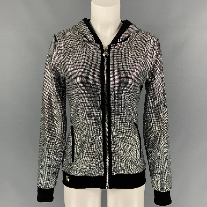 PHILIPP PLEIN COUTURE Size S Silver & Black Cotton Studded Hooded Jacket Mesh Jacket Canvas Jacket Denim Jacket PHILIPP PLEIN COUTURE Size S Silver & Black Cotton Studded Hooded Jacket Mesh Jacket Canvas Jacket Denim Jacket