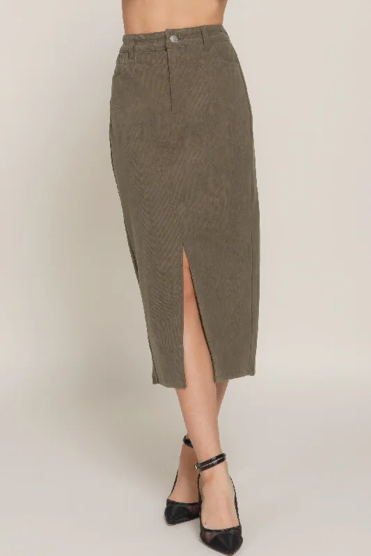Front Open Slit Corduroy Midi Skirt floral skirt print