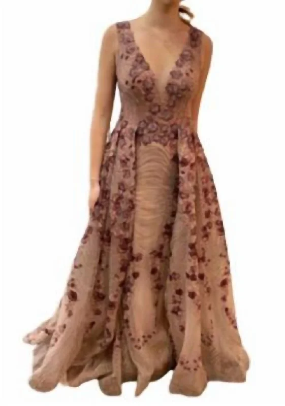 V-Neck Sheath With Floral Applique And Skirt Overlay In Mauve velvet skirt plush