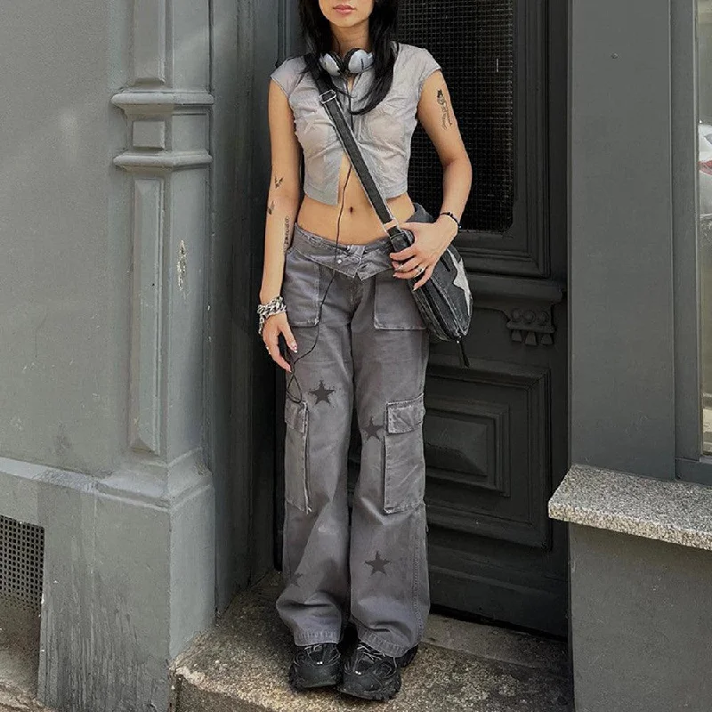 Street Retro Low Rise Denim Cargo Pants Comfy High-Waist Jeans