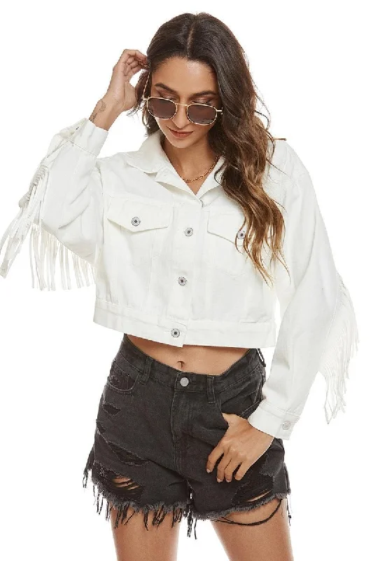TASSEL DETAILED BUTTON CLOSURE CROP DENIM JACKET Bomber Jacket Anorak Windbreaker